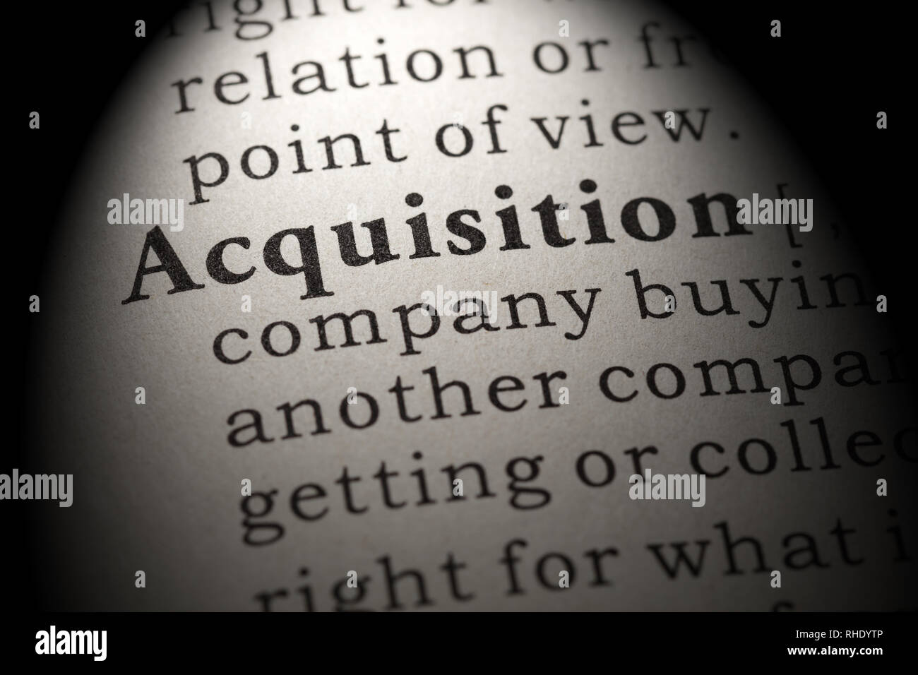 Fake Dictionary, Dictionary definition of the word acquisition. including key descriptive words. Stock Photo