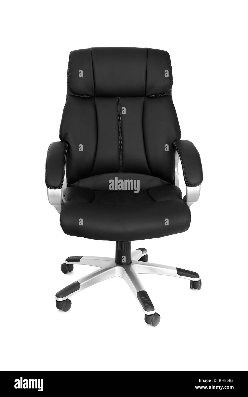 Office premium chair, front view. Modern black leather chair for office