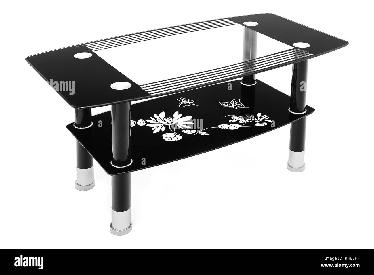 Black Glass And Aluminium Chrome Coffee Table Modern Table For The Living Room With Floral Design Isolated On White Background Clipping Path Includ Stock Photo Alamy