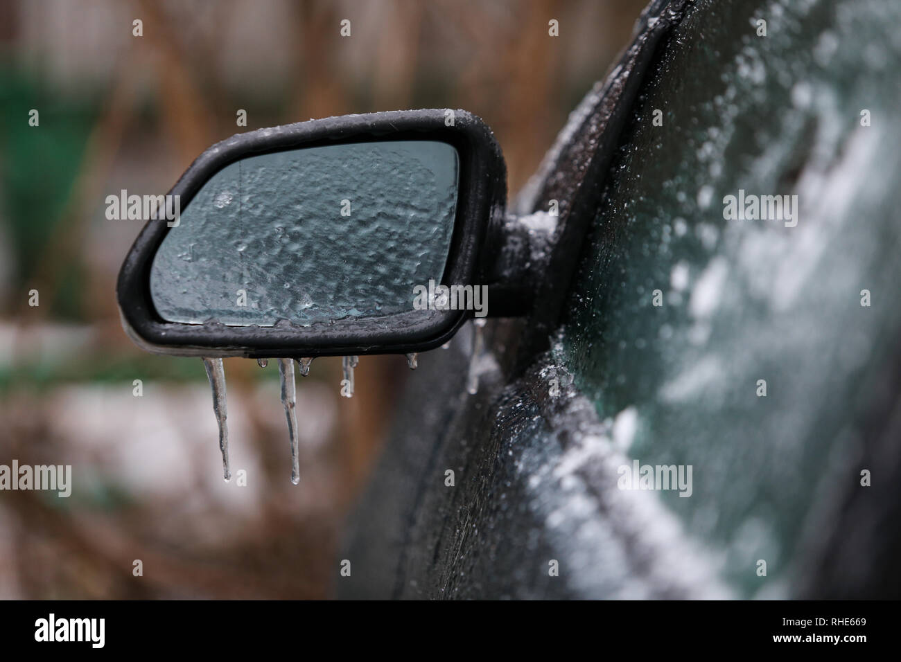 Car frozen side mirror after a freezing rain phenomenon Stock Photo Alamy
