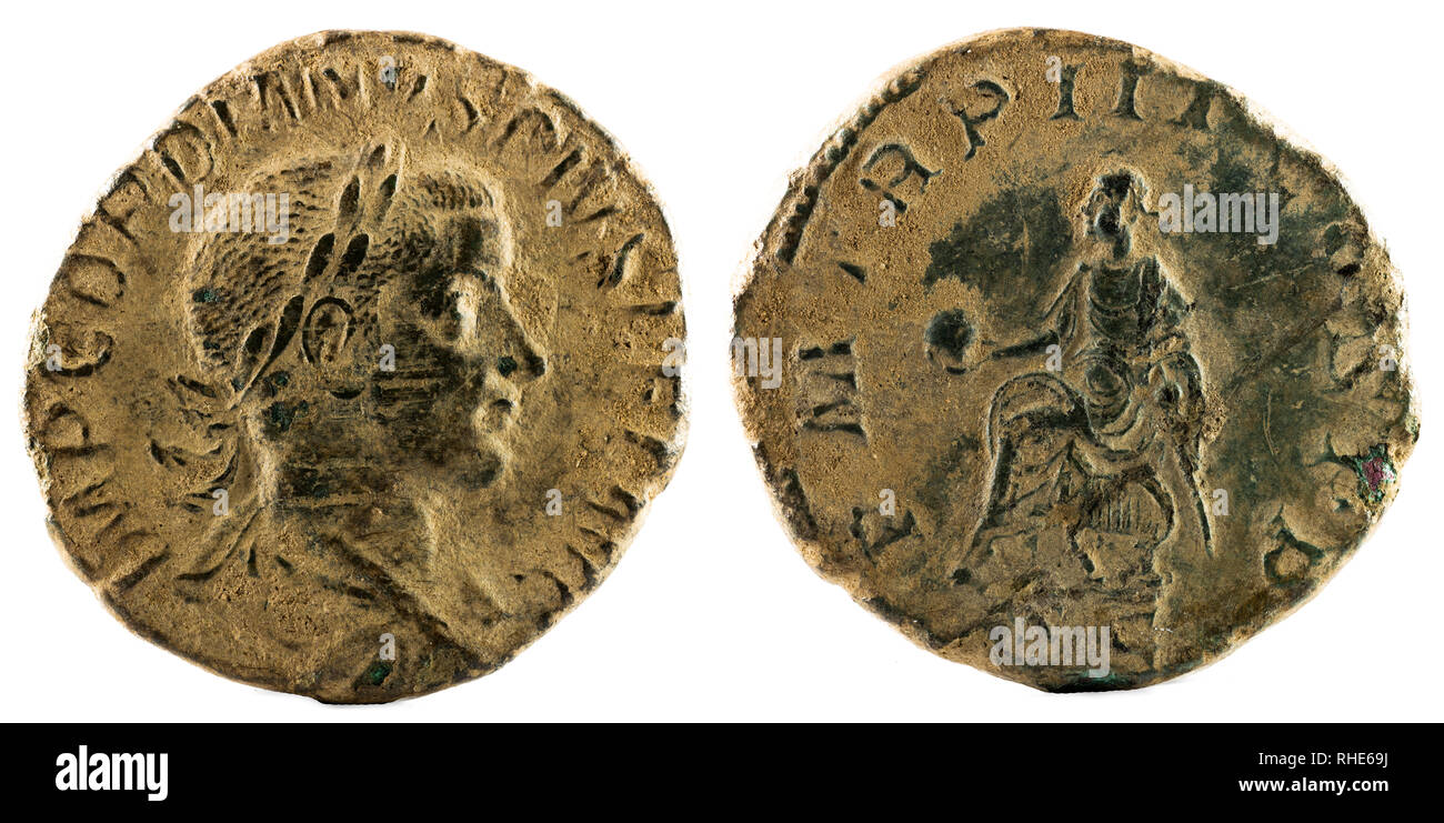 Ancient Roman bronze sertertius coin of Emperor Gordian III Stock Photo