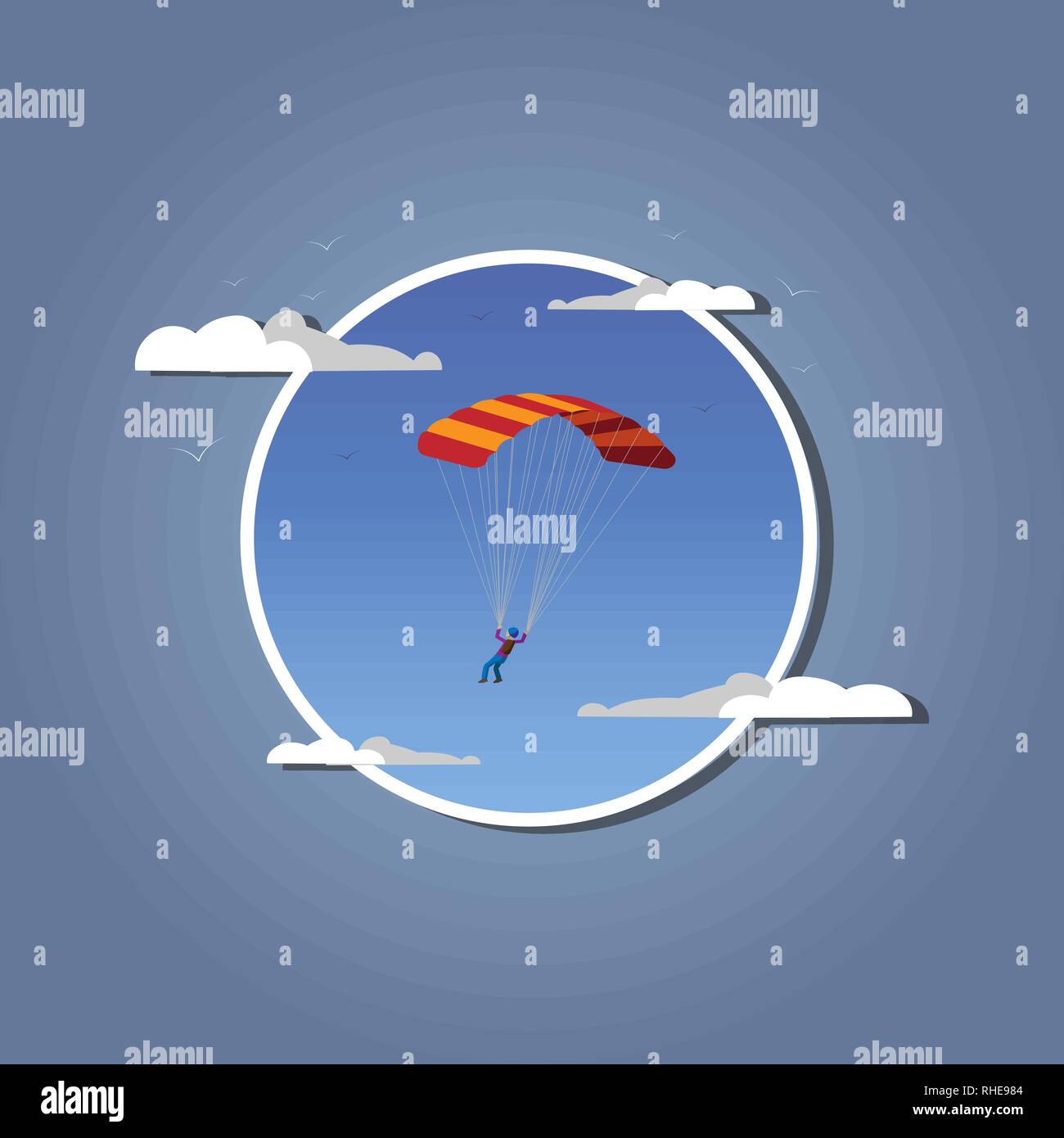 Skydiver flying with parachute. in white frame. Skydiving, parachuting and extreme sport, active leisure concept. 10 eps Stock Vector