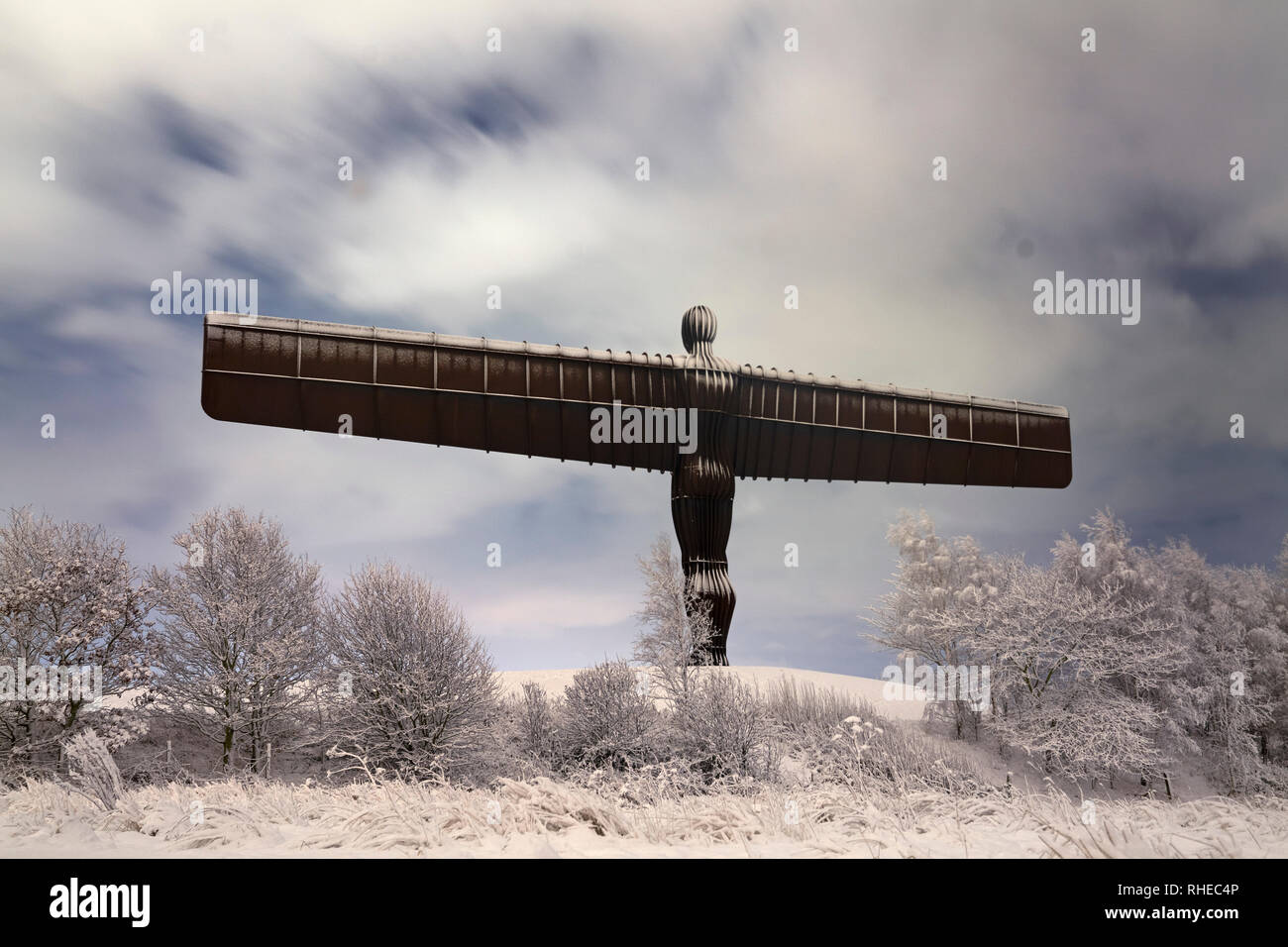A time exposure of the Angel of the North in Gateshead, taken at 02:43hrs Saturday, after snowfalls yesterday and overnight are expected to bring widespread disruption. Stock Photo