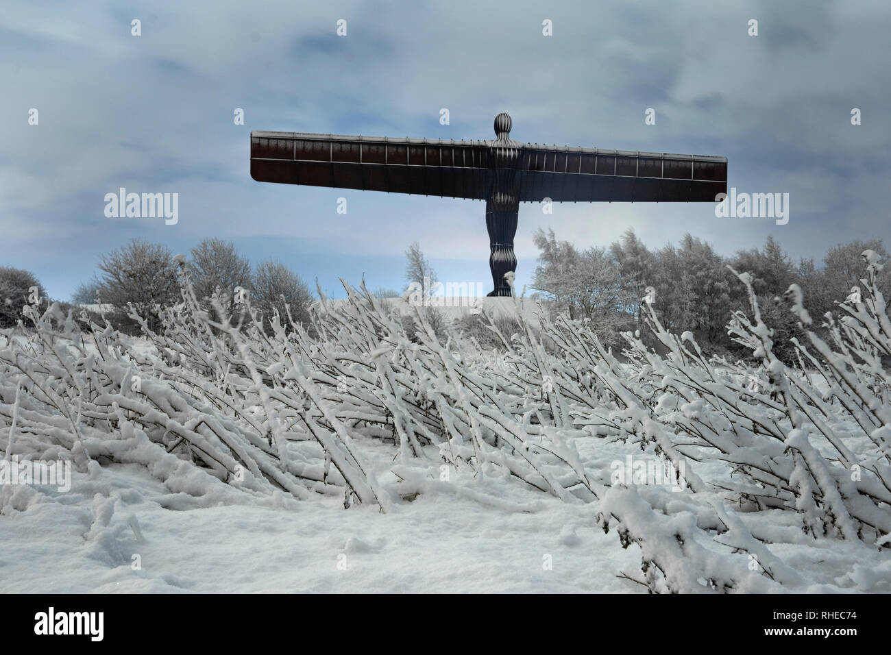 A time exposure of the Angel of the North in Gateshead, taken at 02:50hrs Saturday, after snowfall on Friday and overnight are expected to bring widespread disruption. Stock Photo