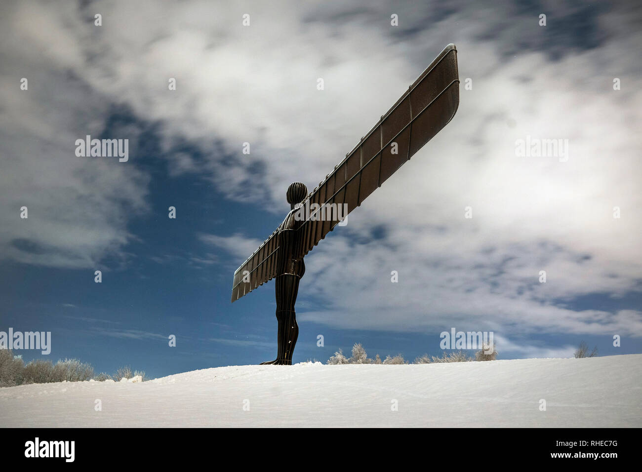 A time exposure of the Angel of the North in Gateshead, taken at 02:56hrs Saturday, after snowfall on Friday and overnight are expected to bring widespread disruption. Stock Photo
