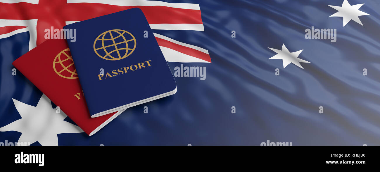 vækst mangel Metal linje Travelling to Australia, immigration or tourism. Two passports on Australian  flag background, banner, copy space. 3d illustration Stock Photo - Alamy