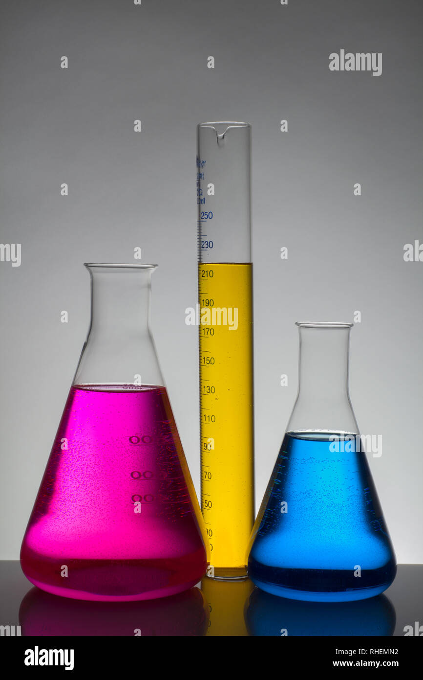 Liquid in laboratory bottles. Scientific biochemical laboratory