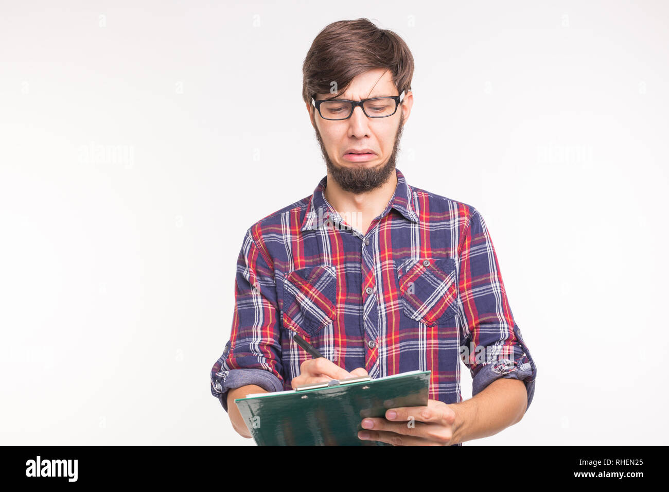 People, working and joke concept funny man with clipboard thinking on