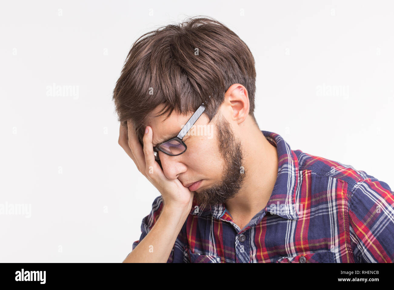 Process, problem, people concept - young man thinking about problem ...