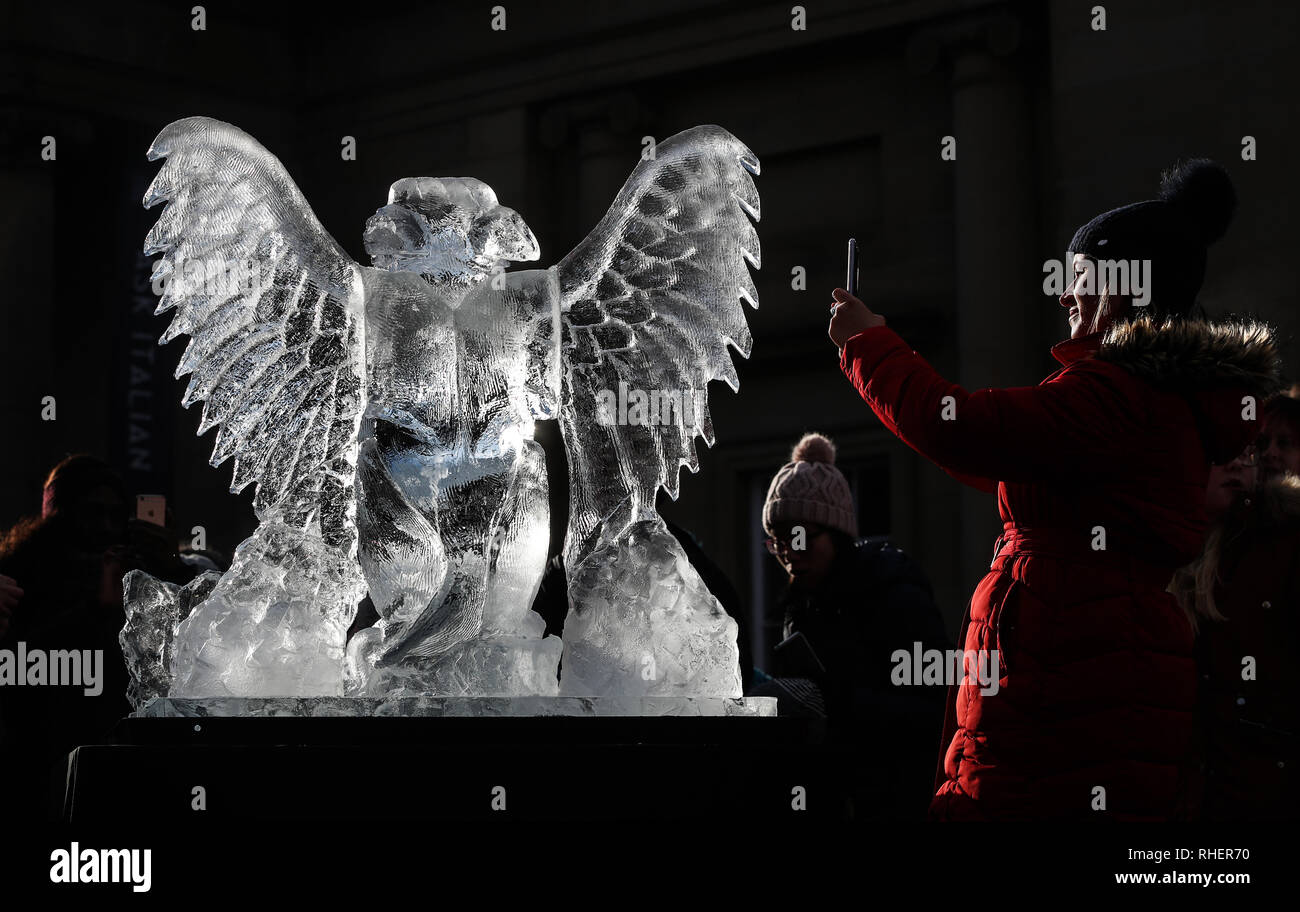 A woman photographs an ice sculpture of a Griffin, part of York Ice Trail, in Yorkshire, after snowfalls yesterday and overnight are expected to bring widespread disruption. Stock Photo
