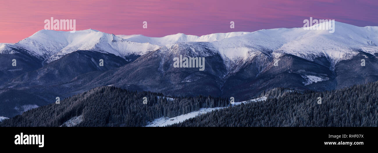 Nice panorama. Magic hour in the mountains at winter. Pink sky. Snowy ridge. Stock Photo