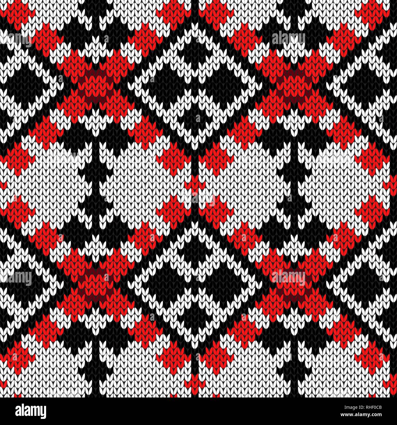 Knitting seamless ornament in red and black colors on the white ...