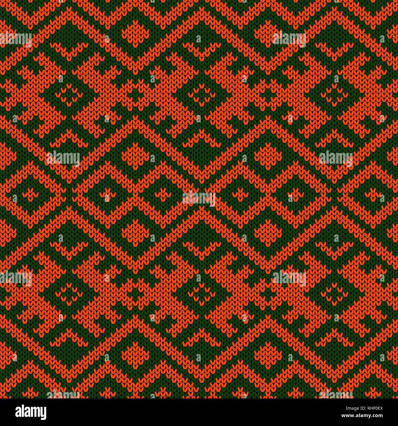 Knitted seamless colourful pattern in green and orange colors, vector ...