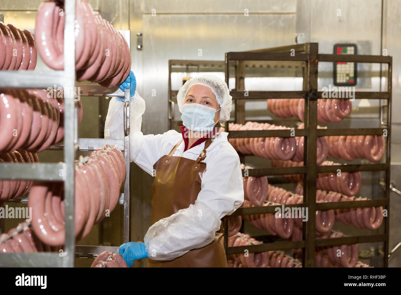 Workwoman carrying trolley with sausages hanging on racks prepared for