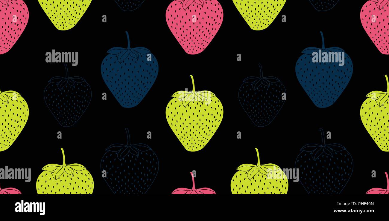 Seamless vector pattern with colorful strawberries on black background. Stock Vector