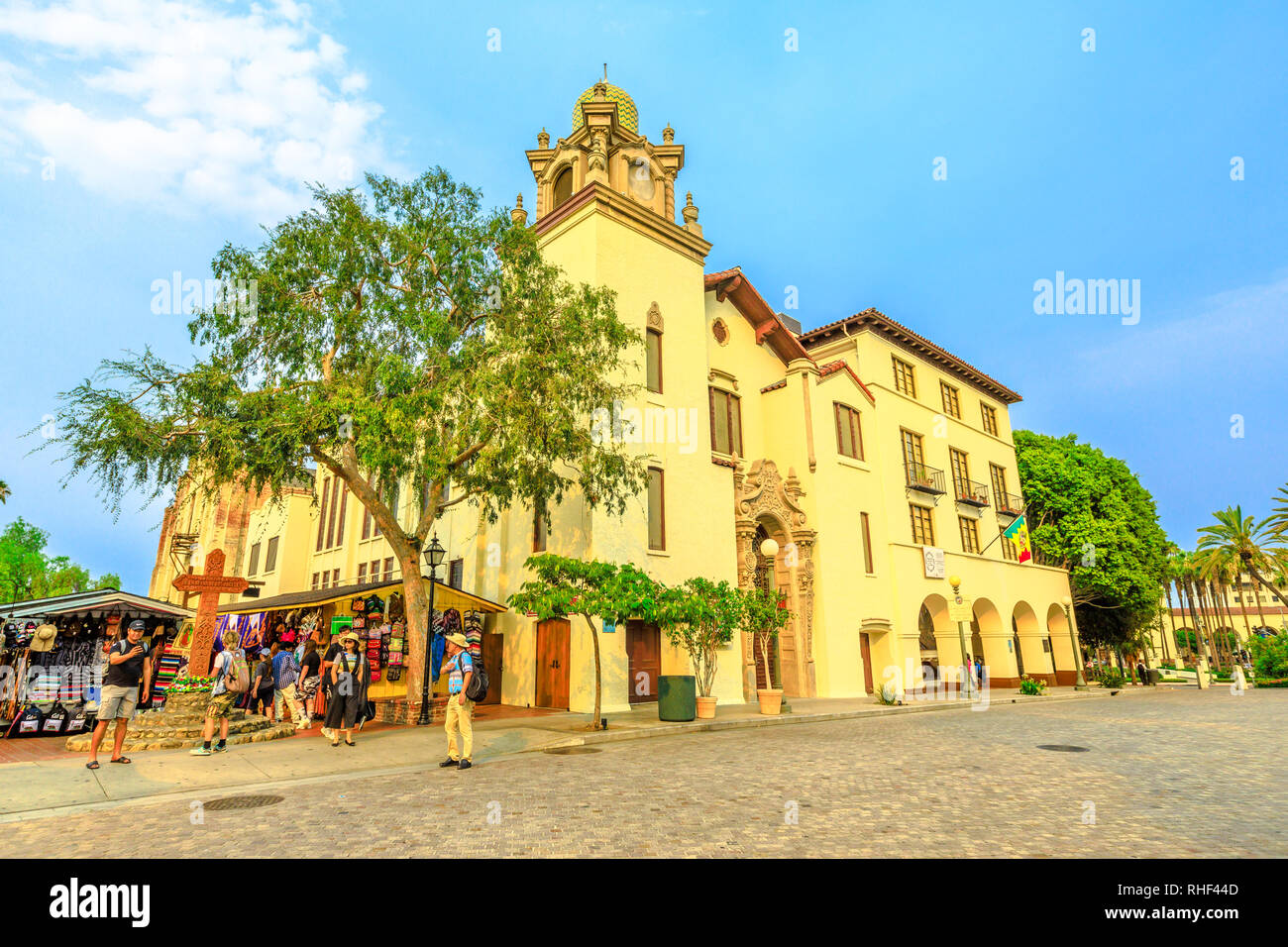 Los Angeles, California, United States - August 9, 2018: Olvera Street and Old Plaza Church or La Plaza United Methodist Church in El Pueblo, a State Stock Photo