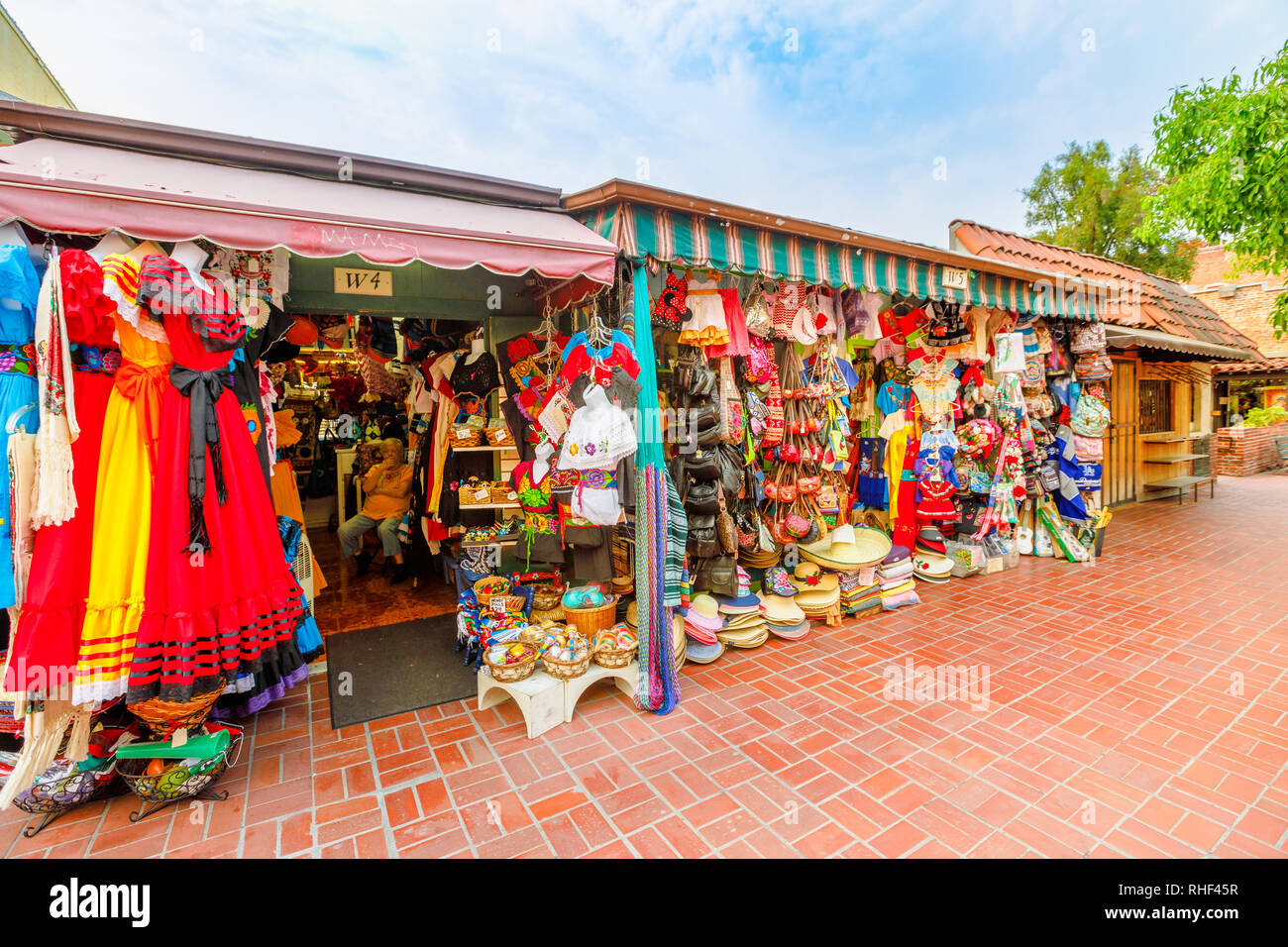Los Angeles, California, United States - August 9, 2018: souvenirs stalls, a traditional market, Olvera Street, the oldest part of downtown LA, El Stock Photo