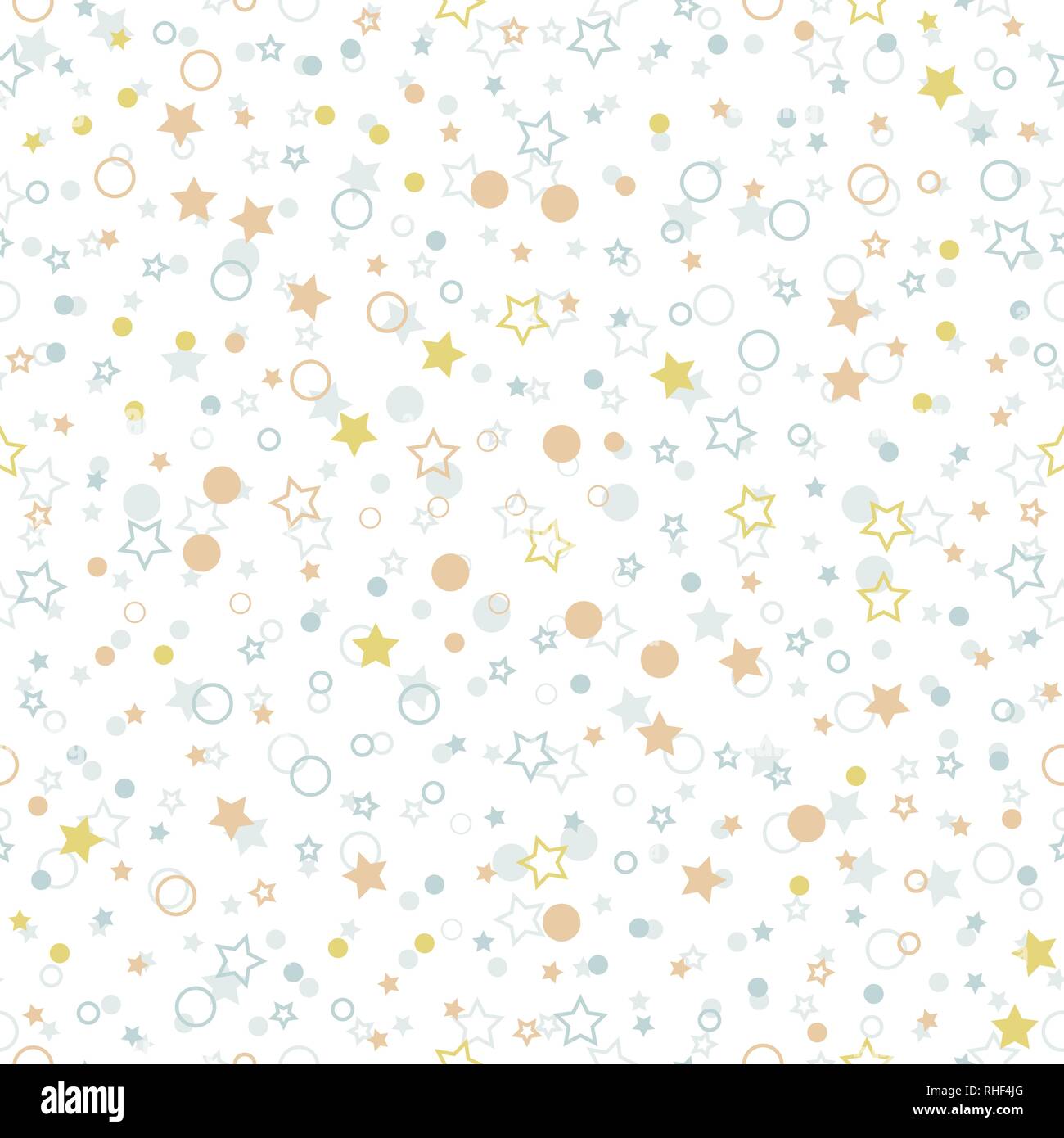 Seamless vector pattern with multicolor stars, circles and dots on white background. Stock Vector