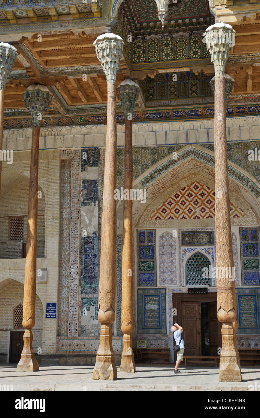 Proud pillars to mosque in Bukhara, Uzbekistan photographed by tourist Stock Photo