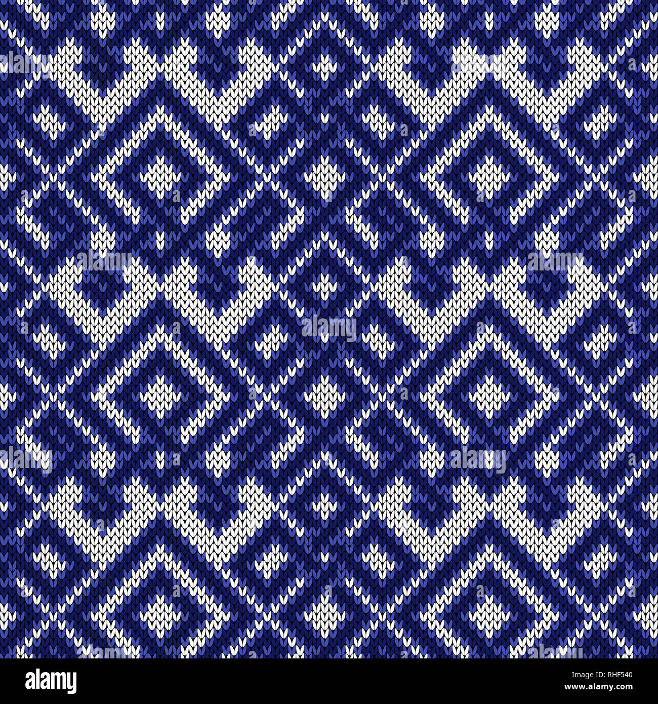Knitted seamless ornate pattern with interlacing lines in blue hues on ...