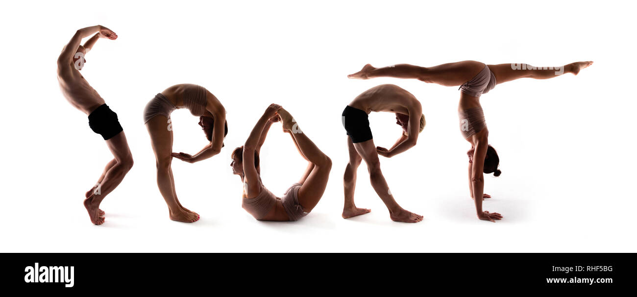 Yoga alphabet, athletes forming SPORT word over white background Stock Photo