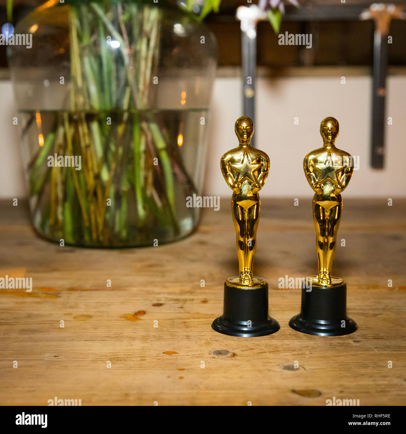 Line of Oscar statuettes Stock Photo