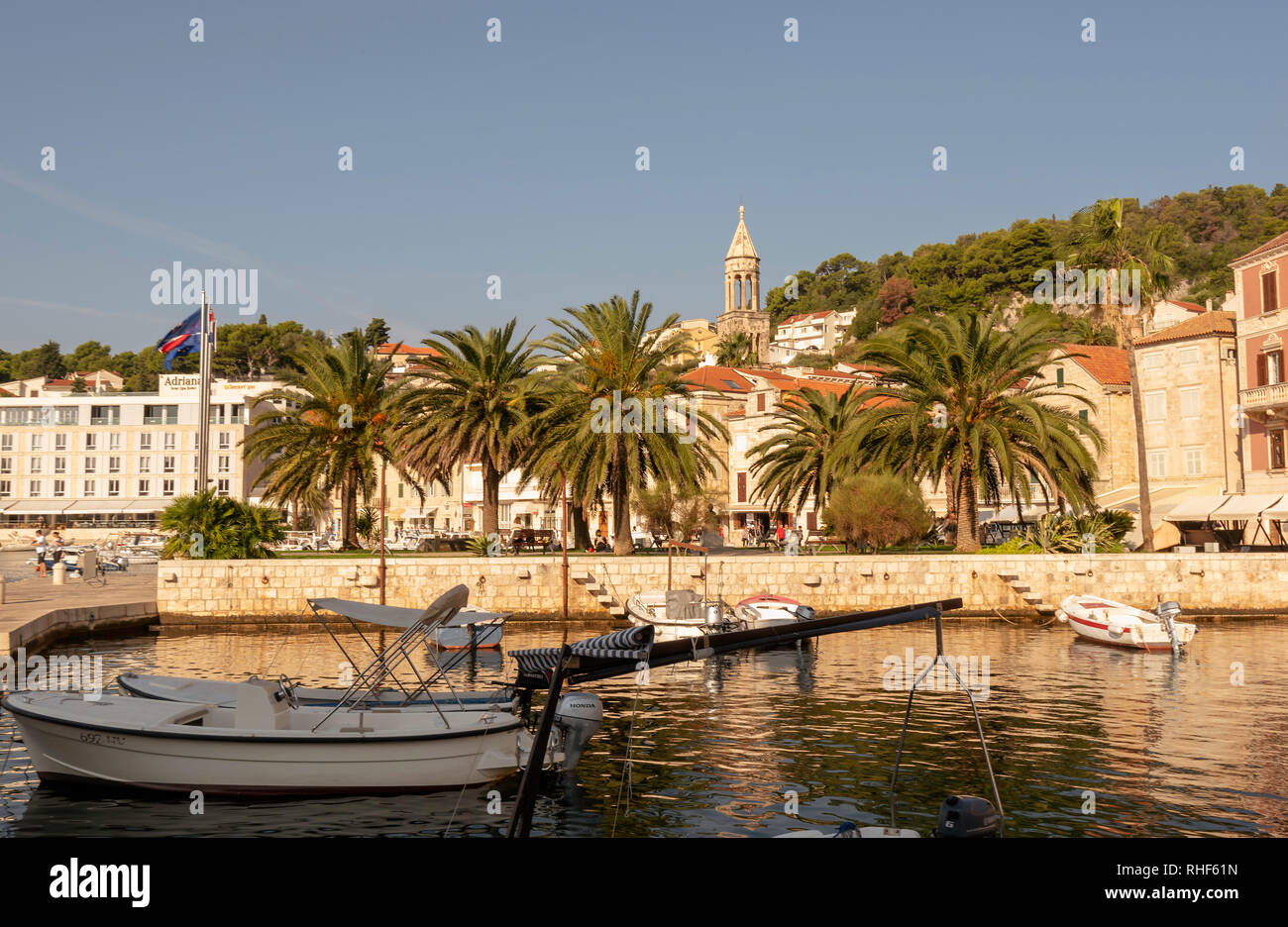 A harborside view of Hvar Town, Croatia Stock Photo