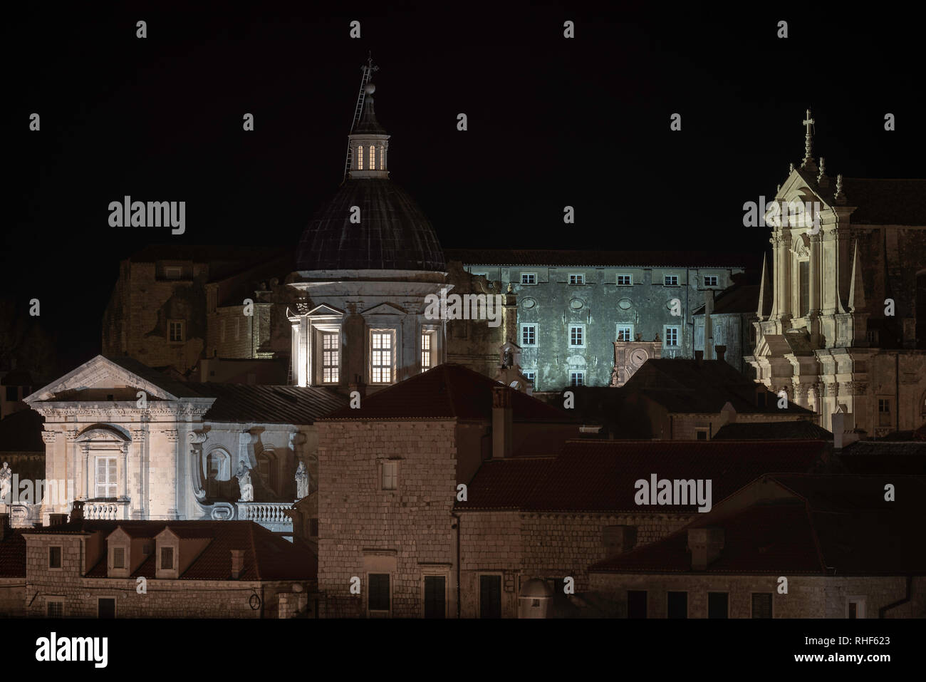 Dubrovnik's Church of St. Blaise and the Cathedral Treasury at Night Stock Photo