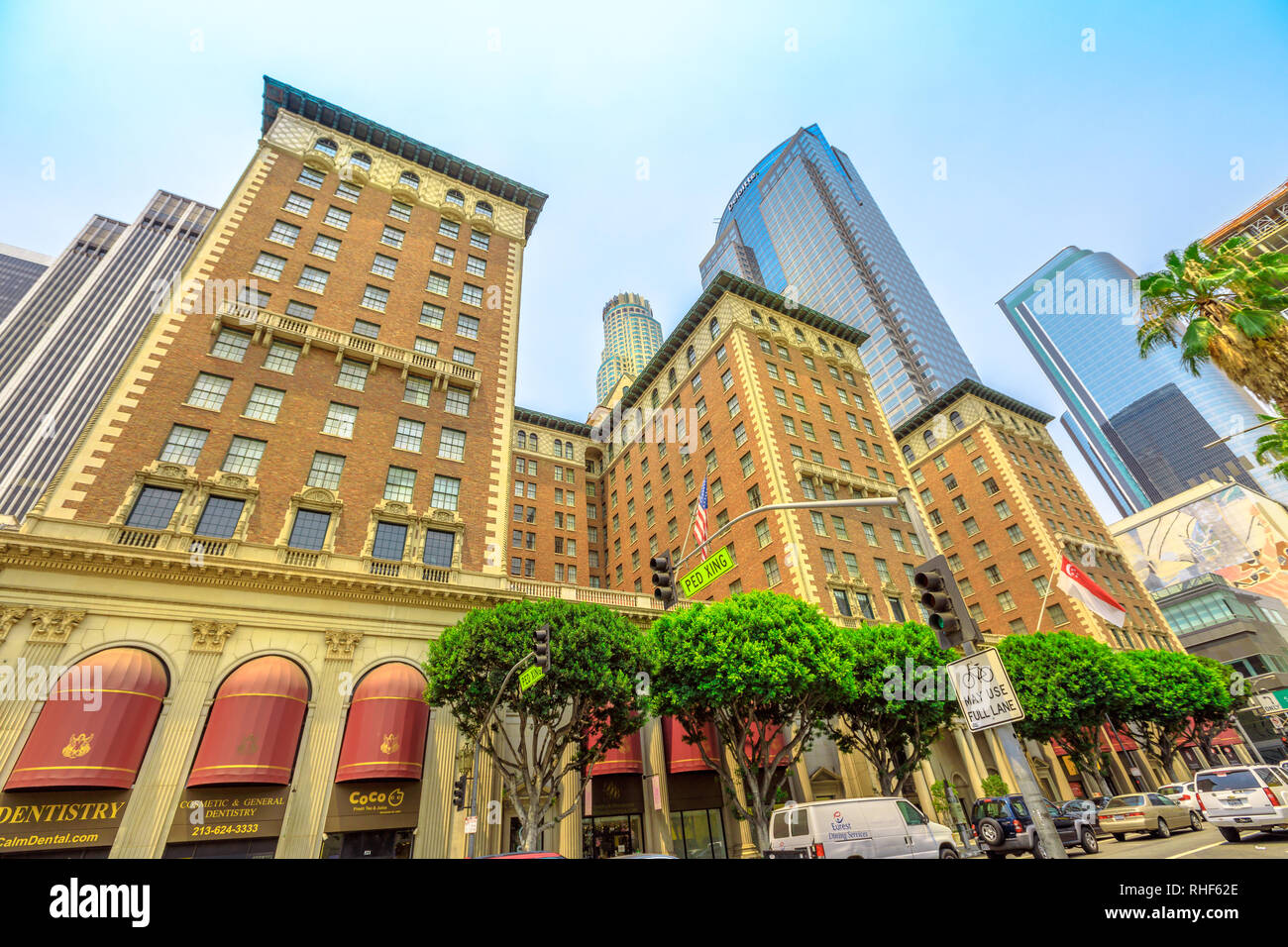 Los Angeles, California, United States - August 9, 2018: modern skyscrapers from Pershing Square, Downtown Los Angeles, Southern California. Sunny day Stock Photo
