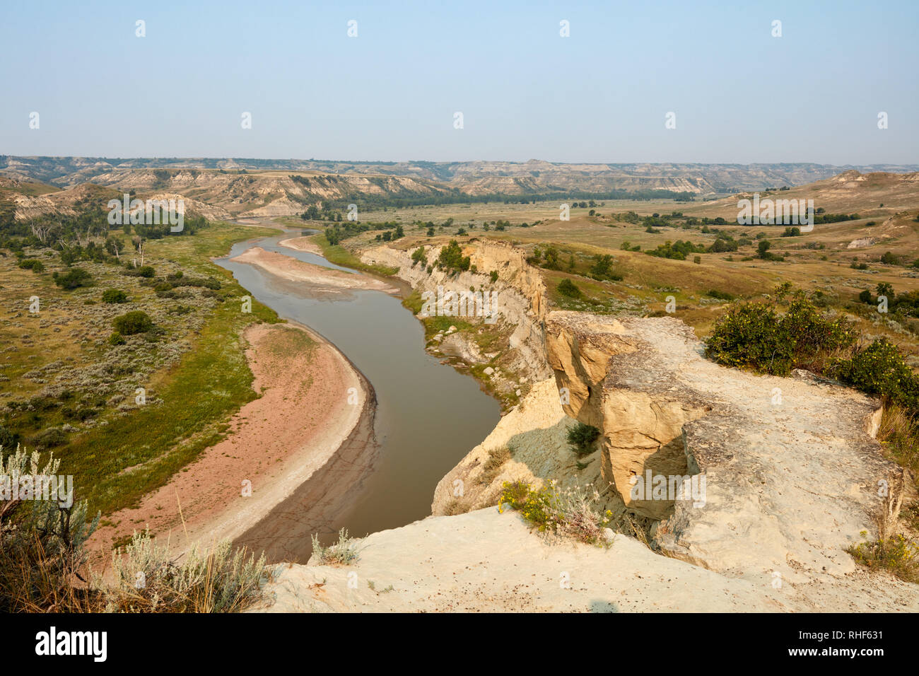 The Little Missouri River winding its way through Wind Canyon in Theodore Roosevelt National Park, North Dakota Stock Photo