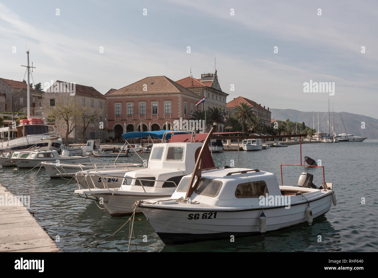 View along the harbor at Stari Grad, Hvar, Croatia Stock Photo