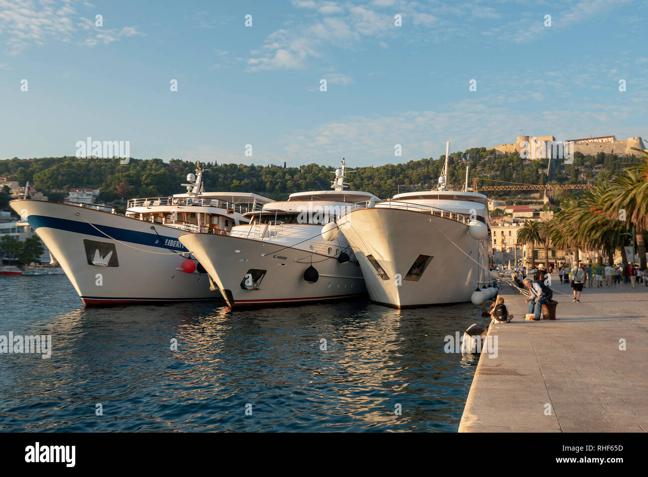 Yachts at the main pier, Hvar Town, Croatia Stock Photo