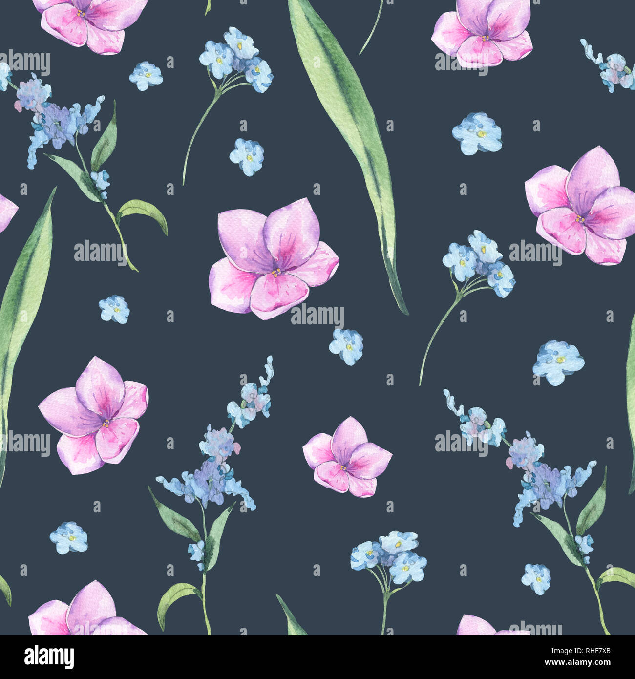 Watercolor vintage floral seamless pattern with pink and blue ...