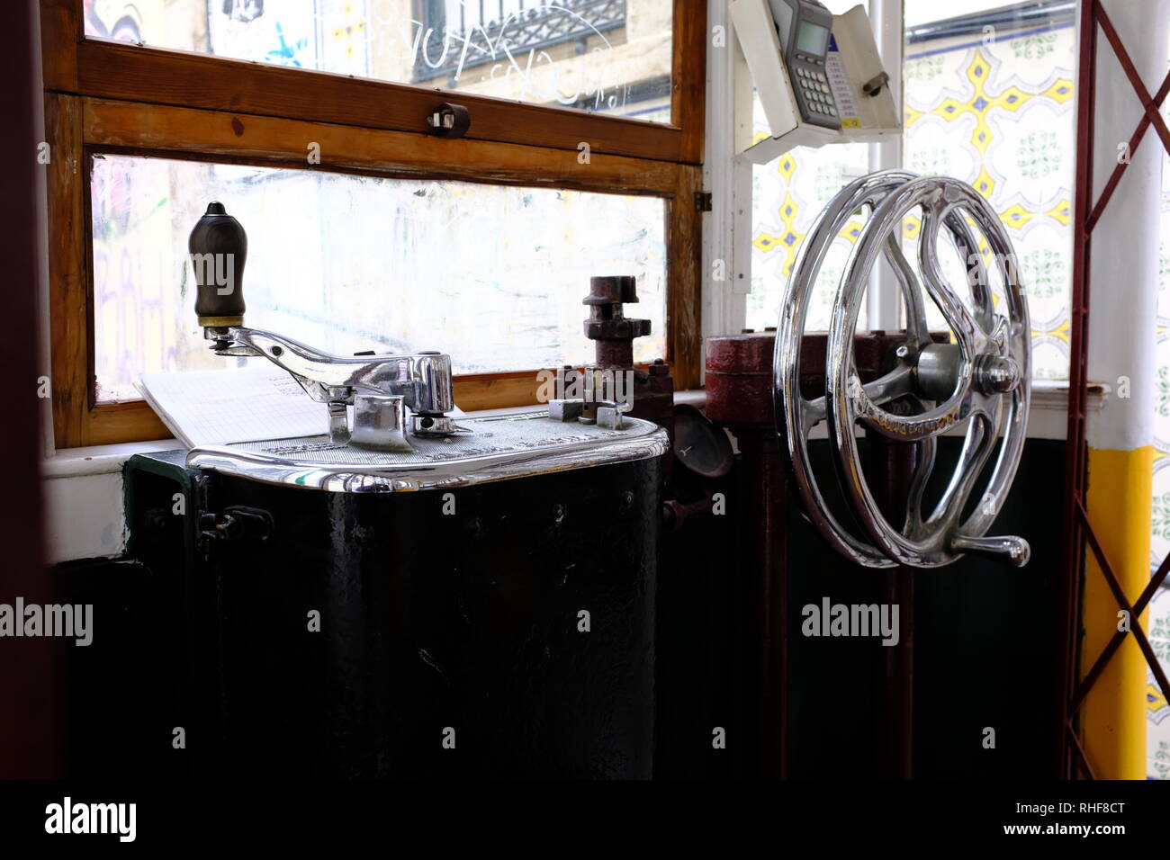 Shiny Polished Bright Chrome Tram steering wheel inside cockpit of ...