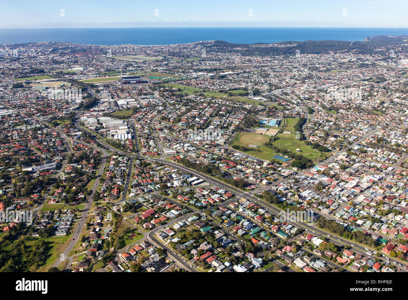 Aerial view of Newcastle suburbs from New Lambton. Newcastle is a major city in NSW located a