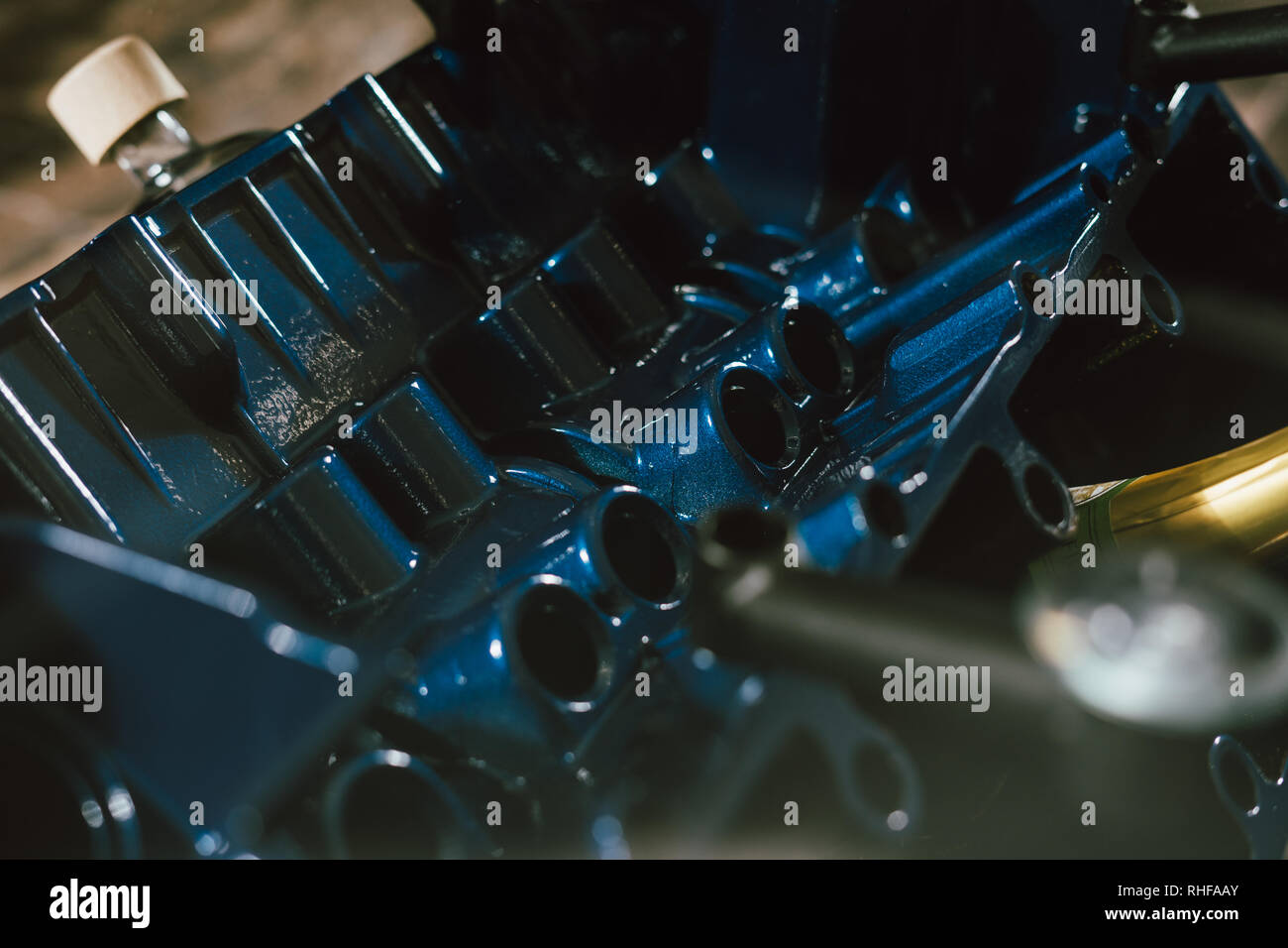 V8 Engine block table, painted in blue color. Loft stylish table