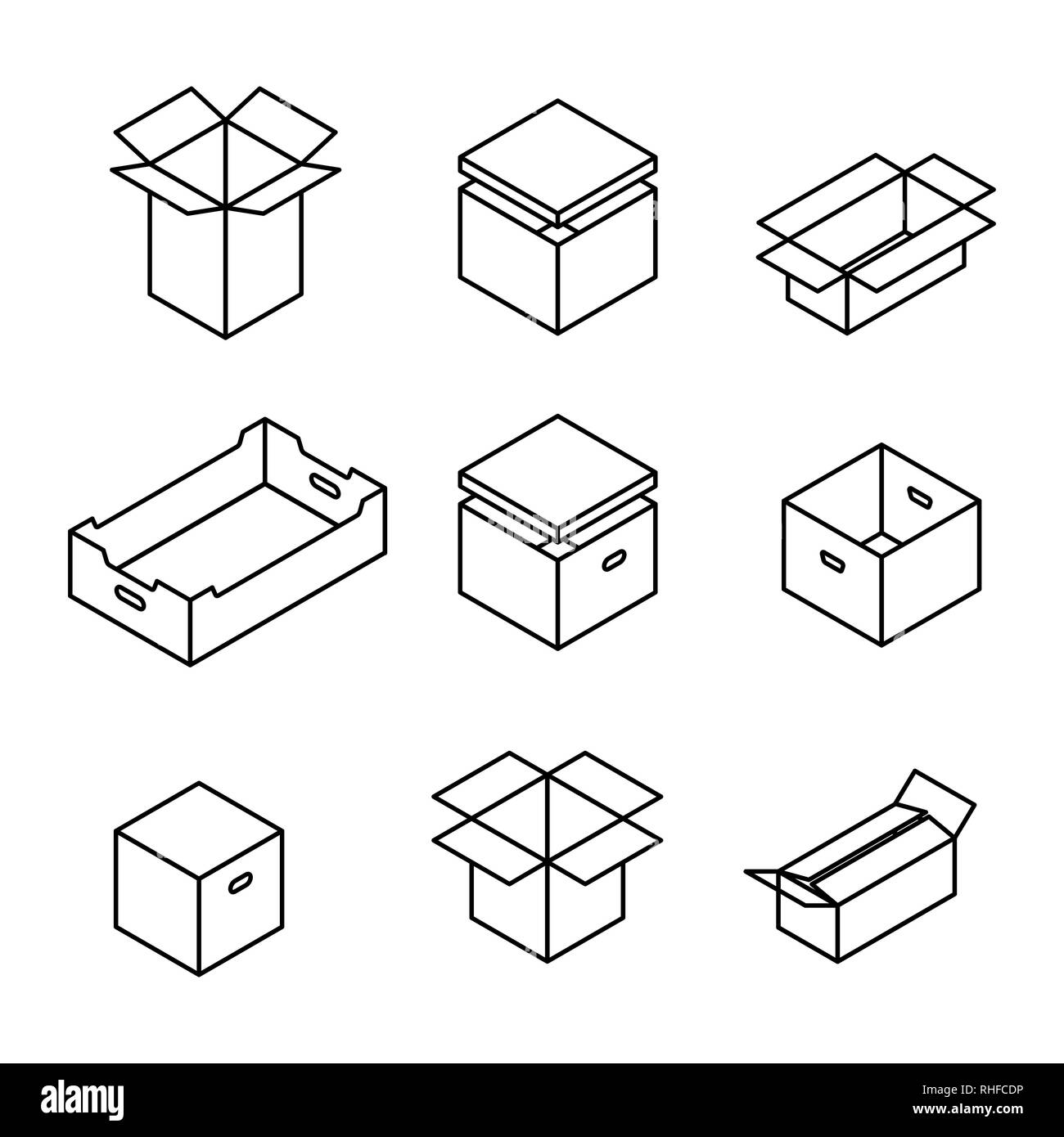 Set of different cardboard boxes from thin lines isolated on white background. Packaging design