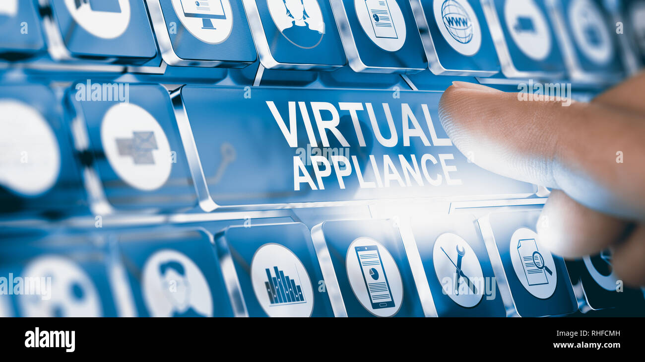 Finger pressing a futuristic virtual appliance button. Software virtualization concept. Composite image between hand photography and 3D background. Stock Photo