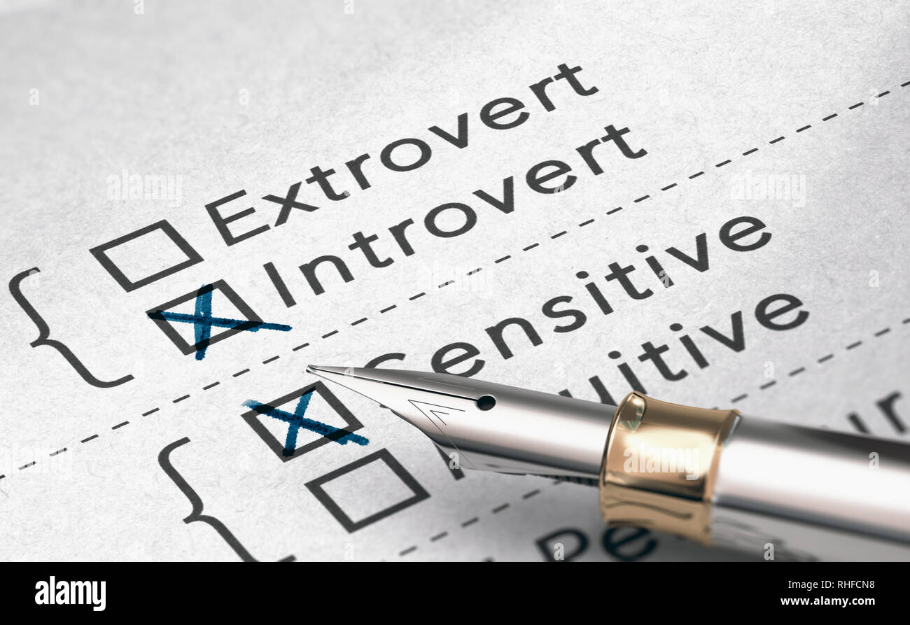 3D illustration of personality test with two words extrovert and introvert and a fountain pen. Stock Photo