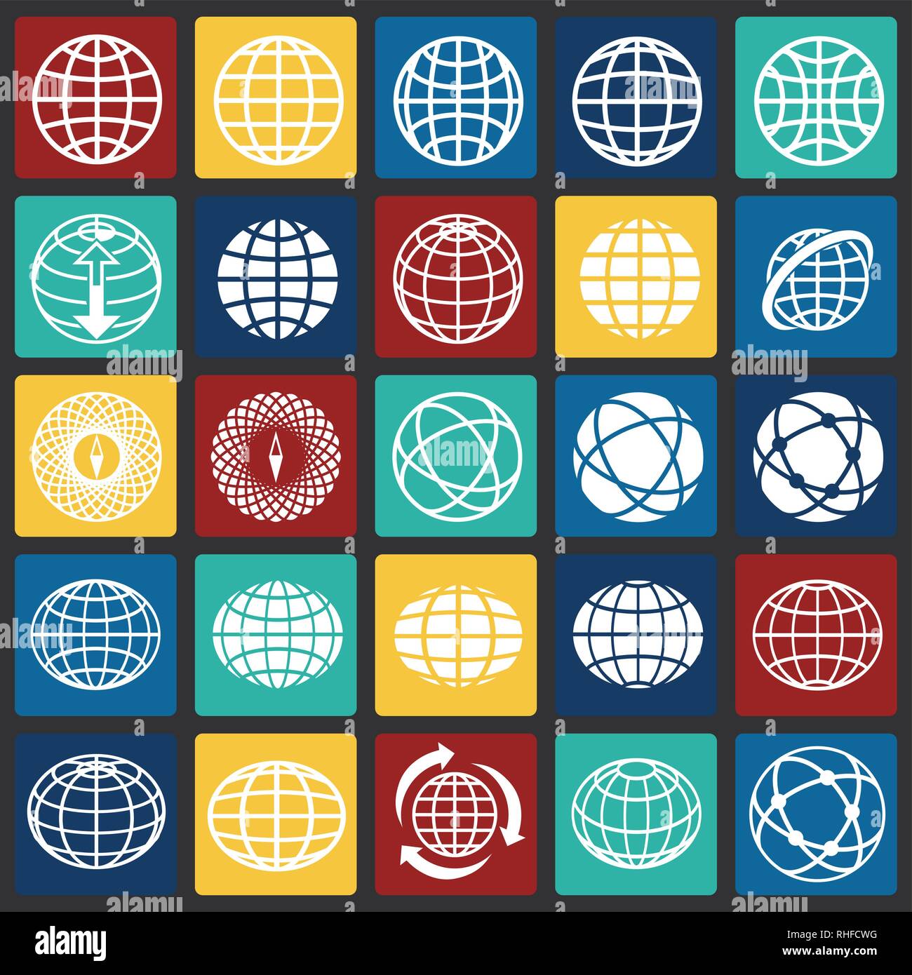 Globe icon set on color squares background for graphic and web design ...