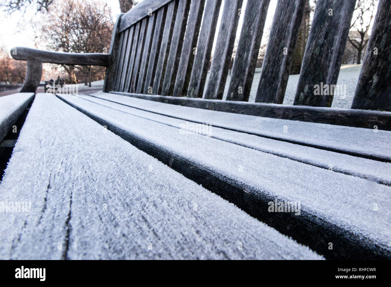 Frost covers a bench in a London park in winter Stock Photo