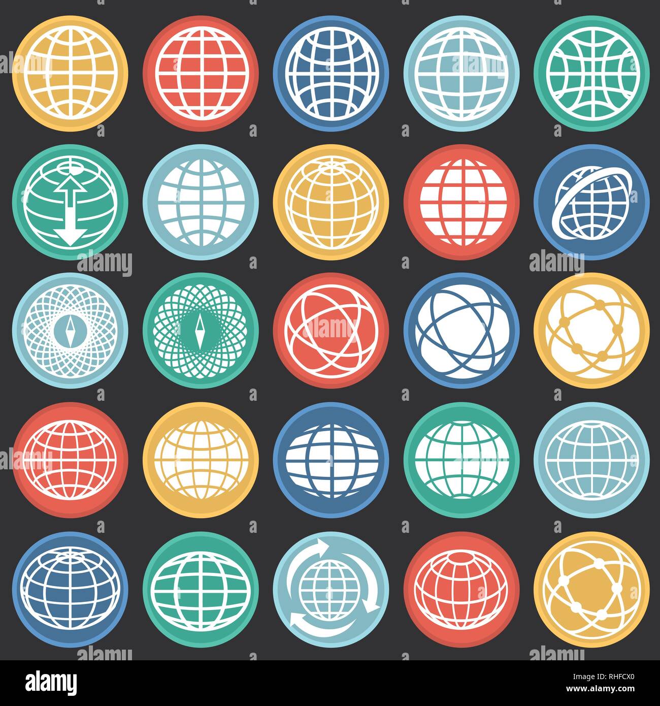Globe icon set on color circles black background for graphic and web ...