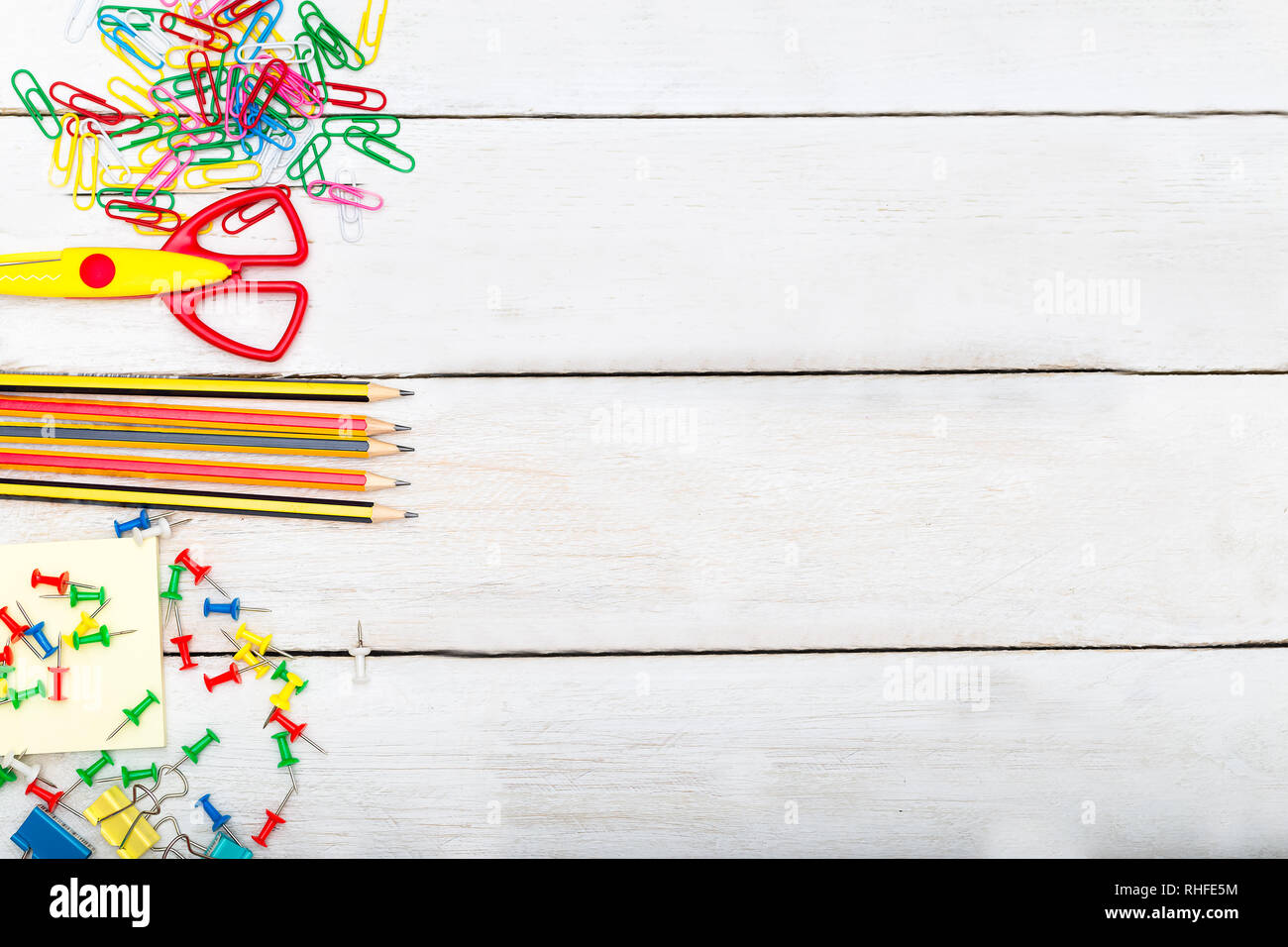 Back to school supplies on white wooden background Stock Photo - Alamy
