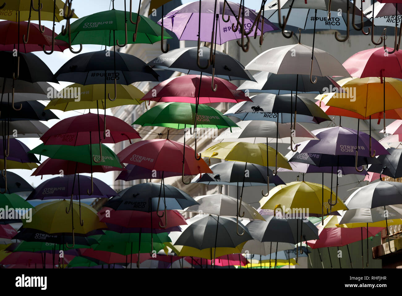 Umbrellas art installation over the street in Old San Juan, Puerto Rico