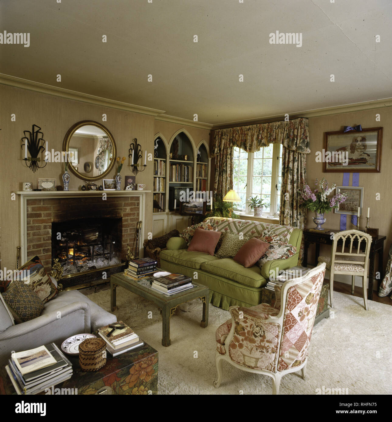 Eighties livingroom with open fire Stock Photo