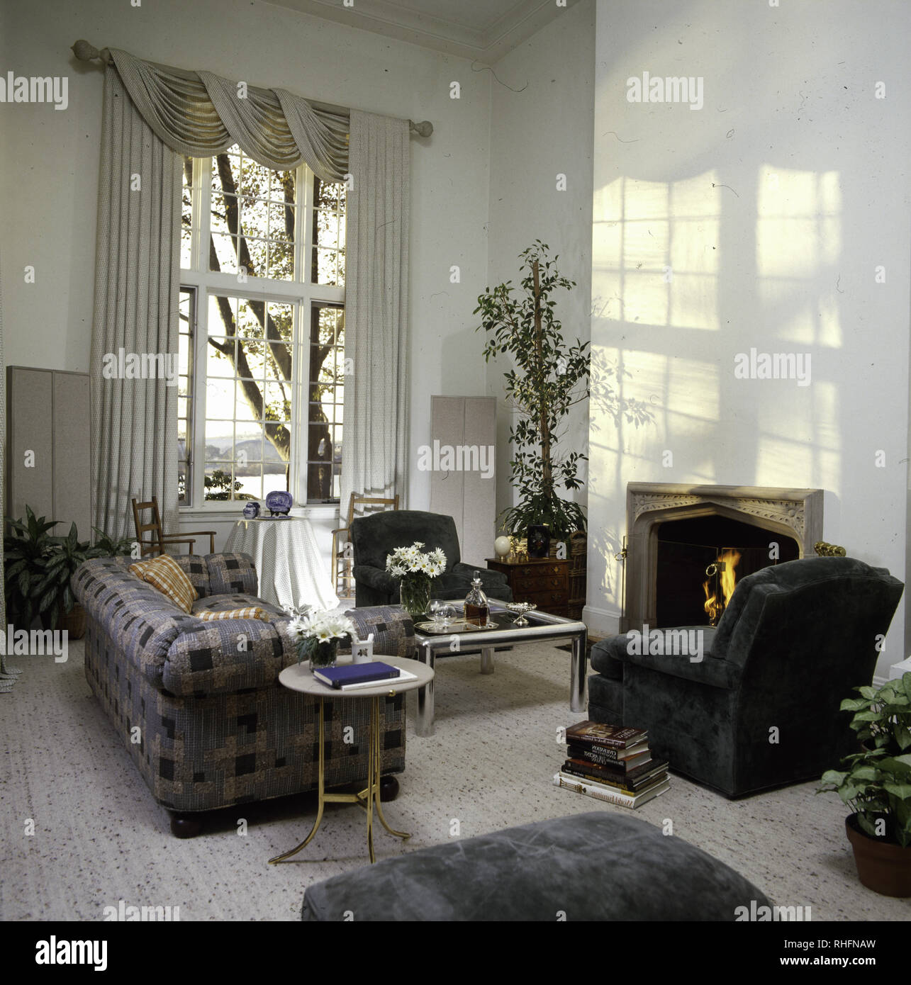Eighties living room with open fire Stock Photo