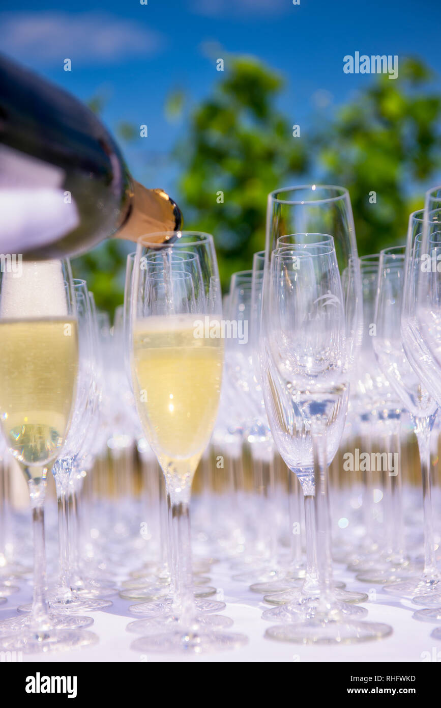 Pouring Champagne Sparkling Wine Into Glasses At Wedding