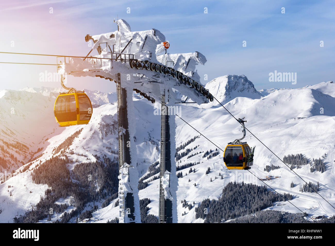 Ski resort. Gondola lift. Cabin of ski-lift in the ski resort Stock Photo