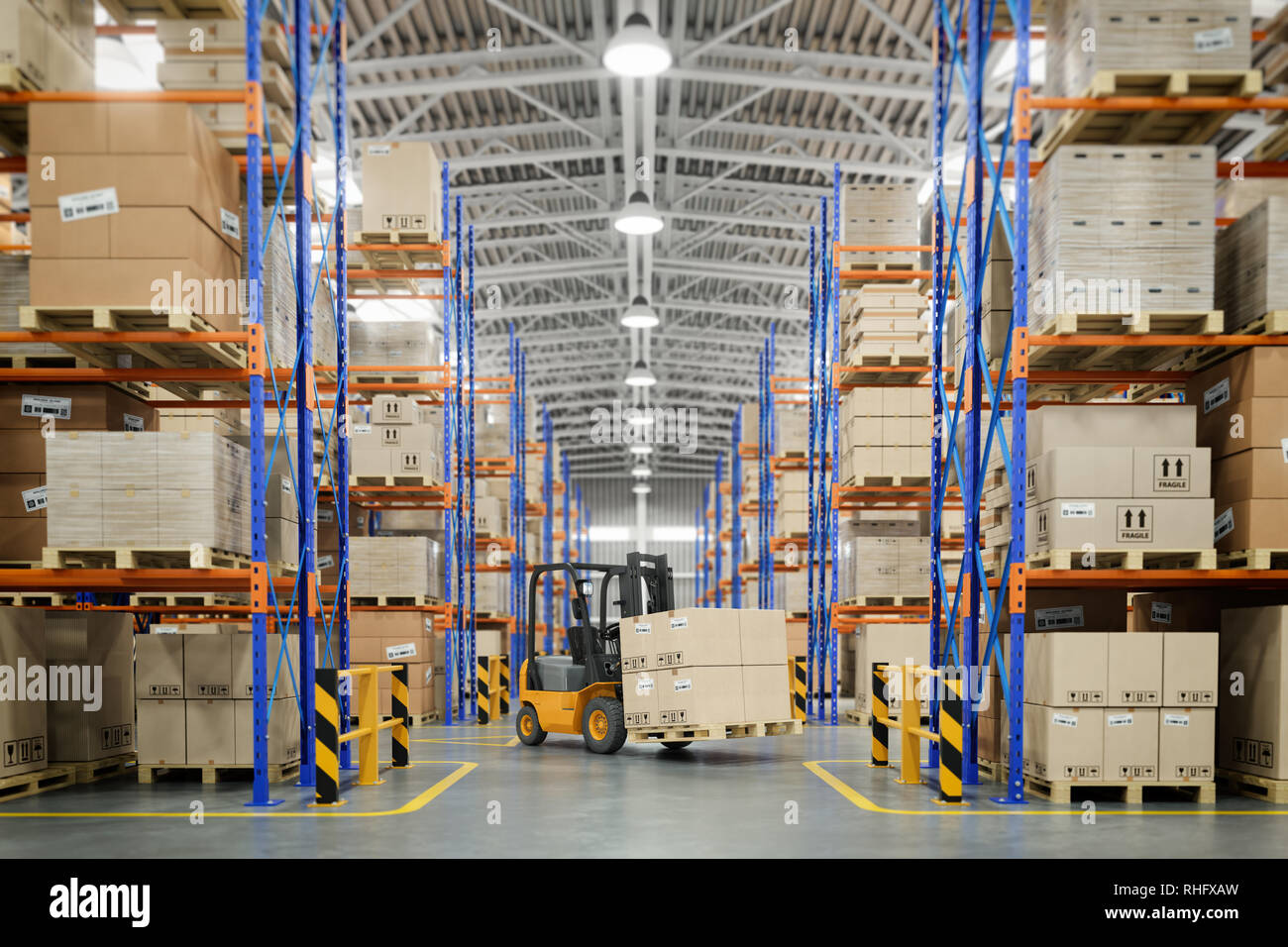 Forklift truck in warehouse or storage and shelves with cardboard boxes ...