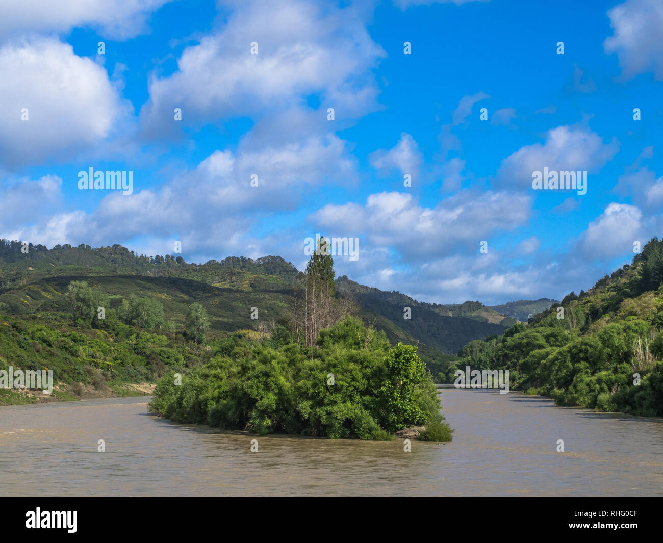 Moutoa Island, site of an important battle in 1864, between Whanganui Maori, during New Zealand Wars, Whanganui River, North Island, New Zealand Stock Photo